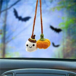 Crochet Car Mirror Hanging Accessories, Halloween Pumpkin and Ghost Cute Car